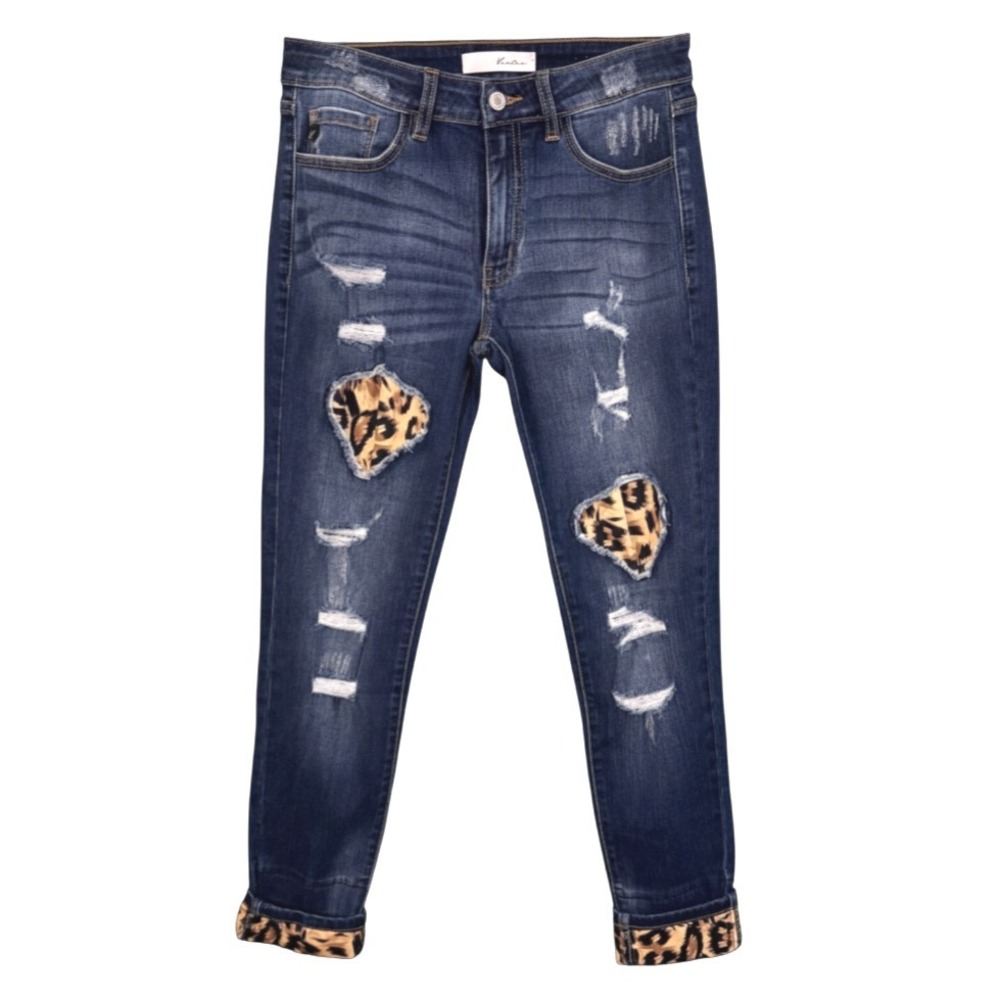 KANCAN Leopard Patch Mason Jeans DARK BLUE FADED Shredded Holes Mid-Rise 7/27